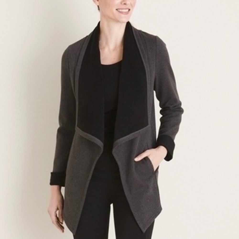 Chicos Zenergy Drape Front Jacket Sz 3 (16/18) Gray Fleece Lined Comfy Cozy Fall
